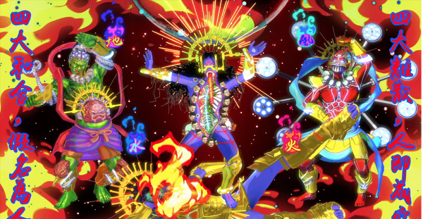 A screenshot captures an action shot of neon characters surrounded by cartoon-style graphics